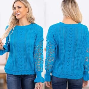 Filly Flair Lace Bell Sleeve Crew Neck Pullover Sweater Blue S